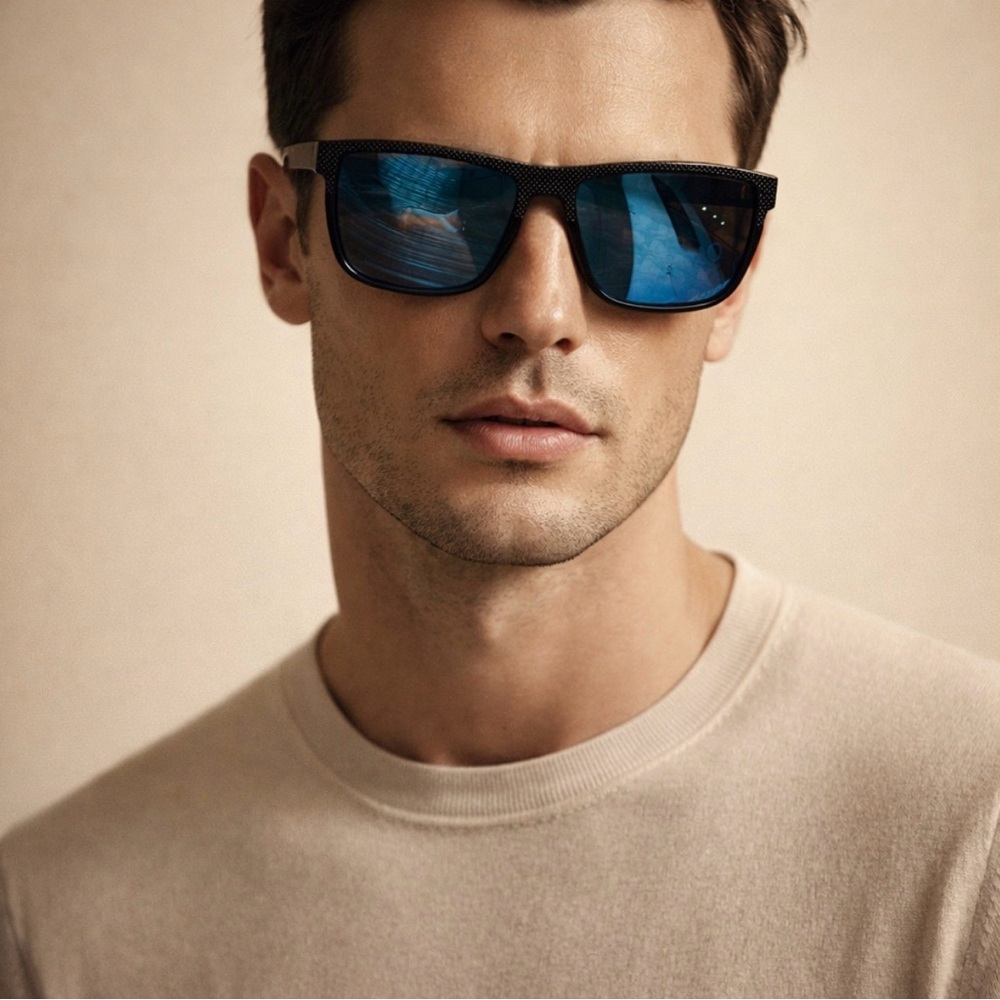 See A Better World Black Sunglasses with Blue Mirrored Lenses Modern Designer
